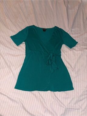 Guess Jeans Teal Wrap Front Short Sleeve Top
